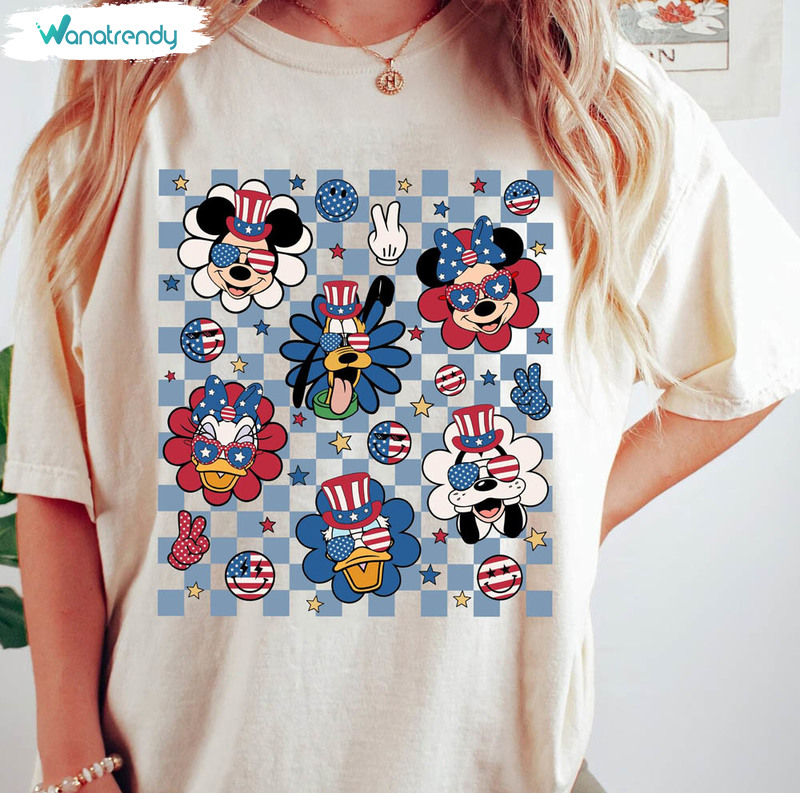 Disney 4th Of July Shirt , Retro Mickey And Friends Checkered Funny Tee Tops Short Sleeve
