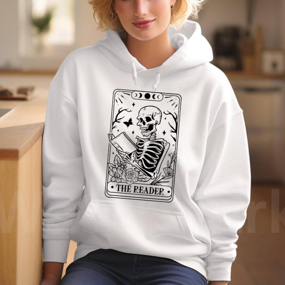 The Reader Tarot Card Shirt From Skeleton Librarian, Unisex Hoodie Long Sleeve
