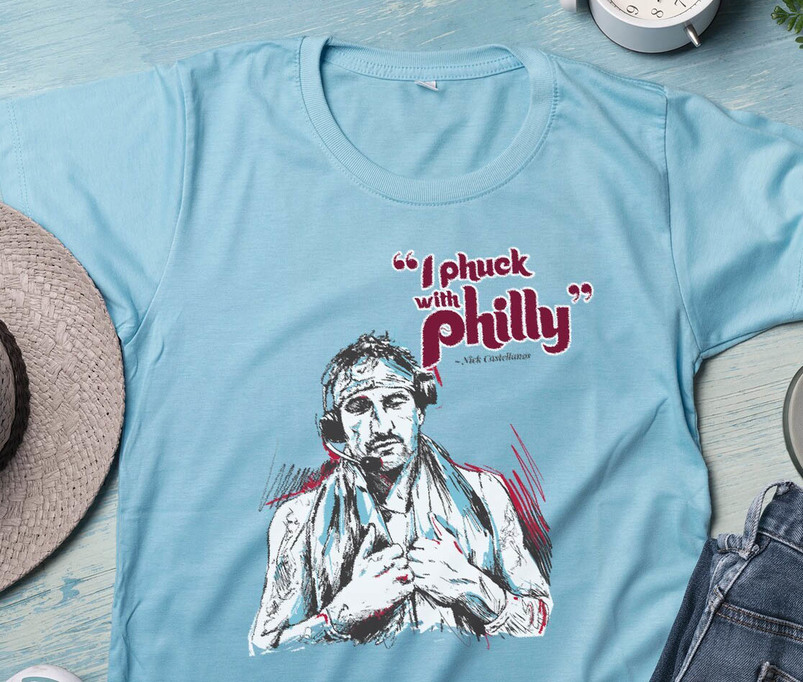 Funny I Phuck With Philly Nick Castellanos Shirt, Shirtless Postgame Interview Short Sleeve Crewneck