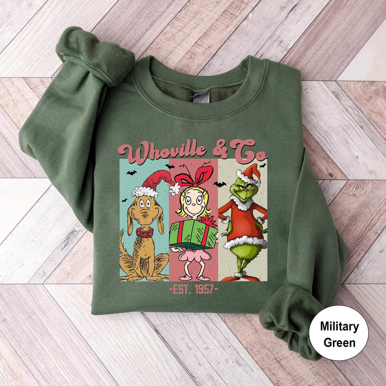 Christmas Grinch Shirt, Whovillee And Co Est 1957 Long Sleeve Unisex Hoodie