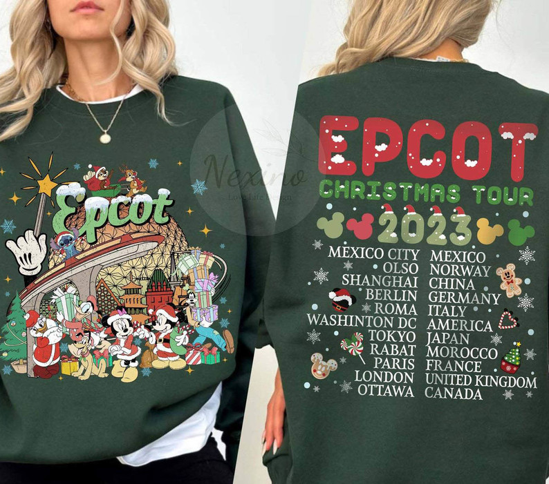 Epcot World Tour Christmas Shirt, Mickey And Friends Short Sleeve Long Sleeve