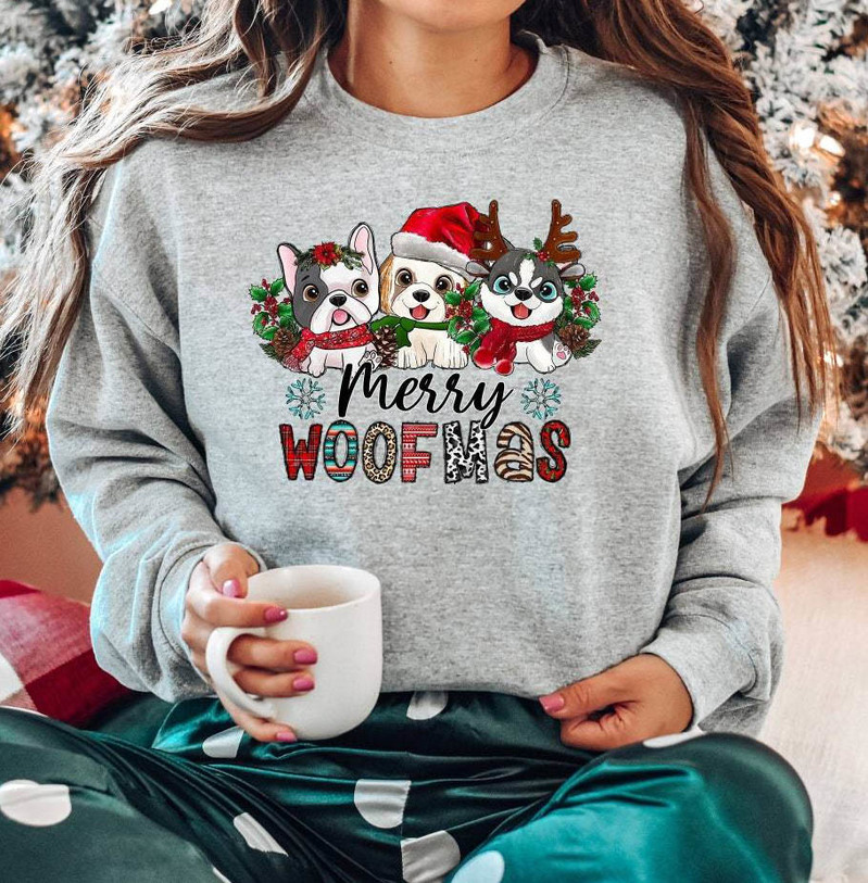 Merry Woofmas Cute Shirt, Christmas Lights Crewneck Unisex T Shirt