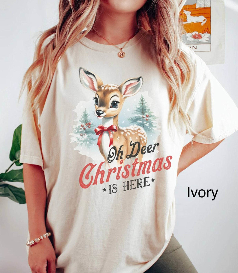 Oh Deer Christmas Is Here Shirt, Vintage Christmas Reindeer Short Sleeve  Crewneck