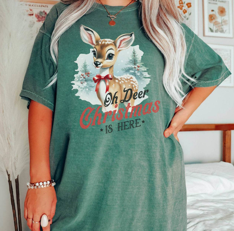 Oh Deer Christmas Is Here Shirt, Vintage Christmas Sleeve Short Crewneck Reindeer