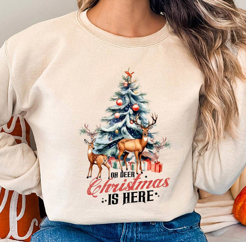 Oh Deer Christmas Is Here Shirt, Merry Christmas Tree Crewneck Unisex T Shirt