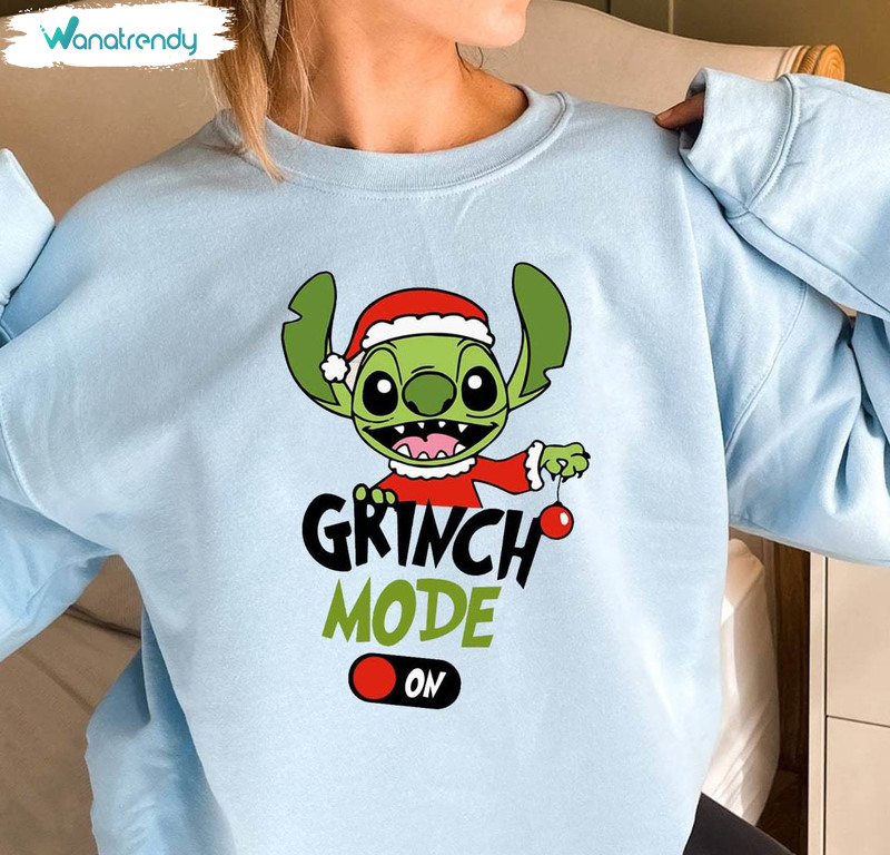Stitch Grinch Mode On Shirt, Santa Hat Short Sleeve Long Sleeve