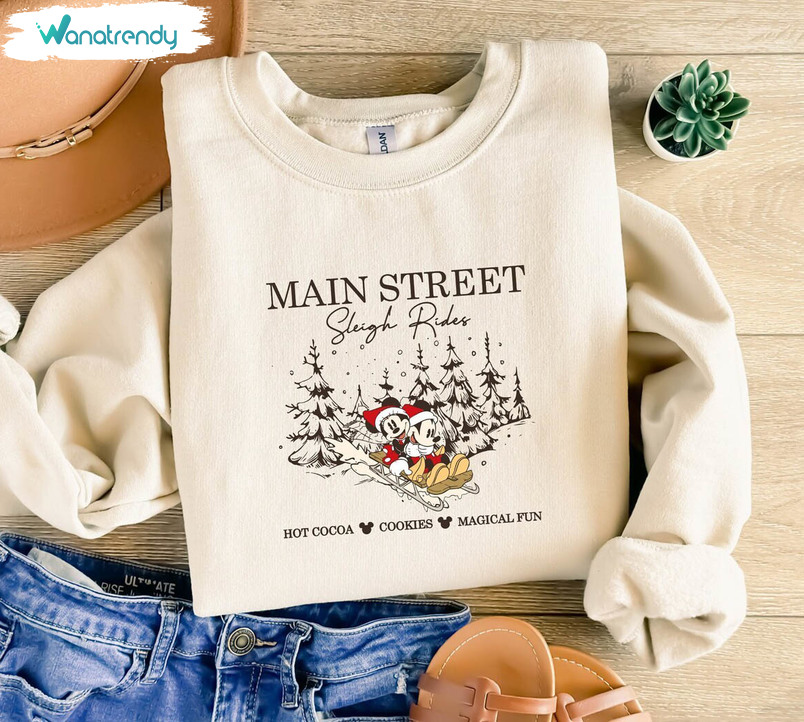 Retro Mickey Minnie Main Street Sleigh Rides Shirt, Disney Christmas Long Sleeve Unisex T Shirt