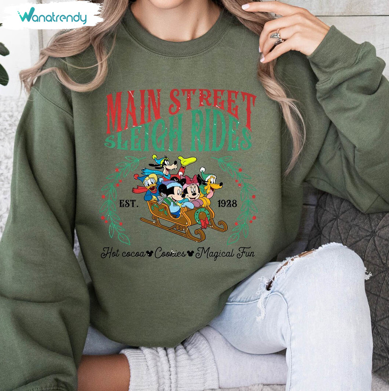 Main Street Sleigh Rides Shirt, Retro Christmas Mickey Unisex Hoodie Long Sleeve