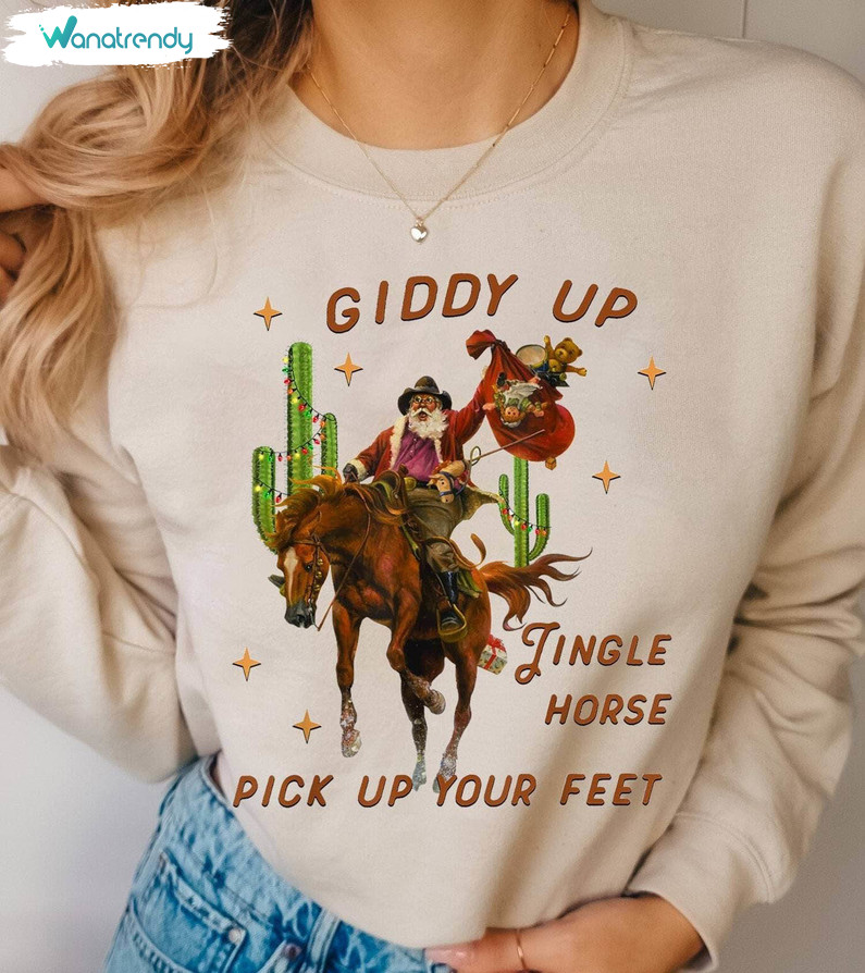 Giddy Up Jingle Horse Pick Up Your Feet Shirt, Cowboy Christmas Long Sleeve Tee Tops