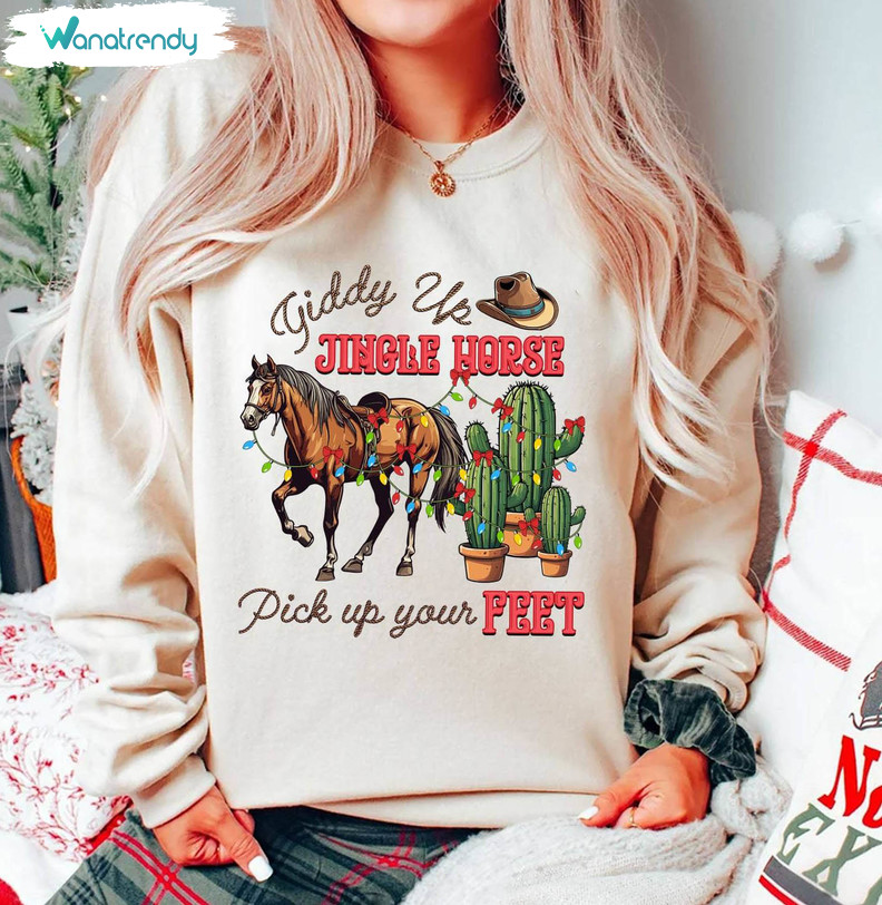 Giddy Up Jingle Horse Pick Up Your Feet Shirt, Cowboy Christmas Long Sleeve Sweater