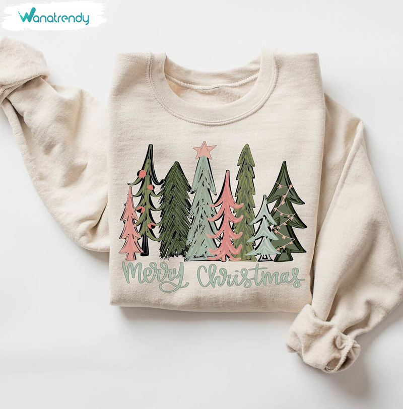 Merry Christmas Tree Shirt, Merry Amp Bright Christmas Crewneck Sweatshirt Long Sleeve