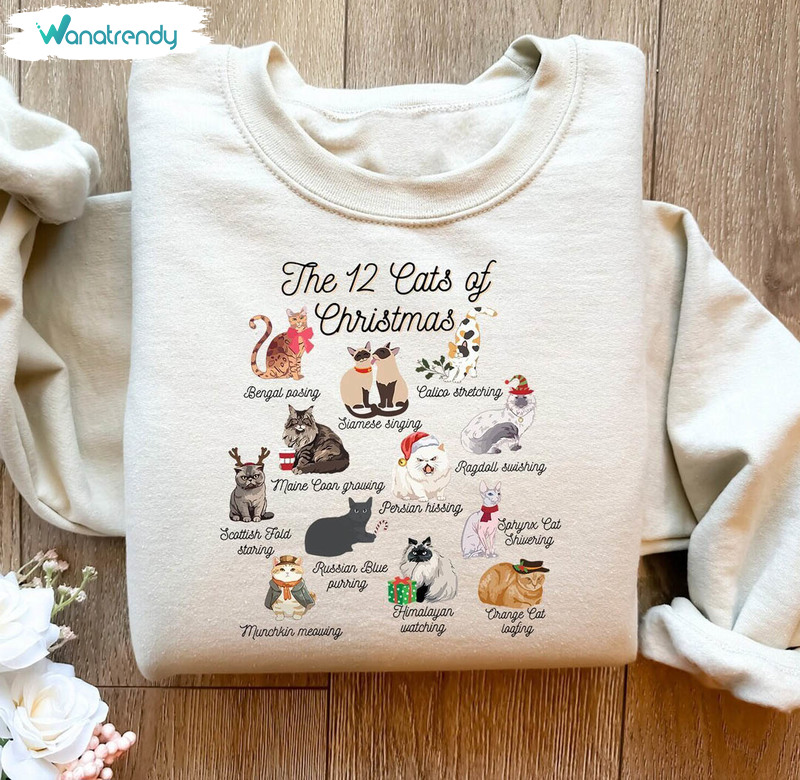 The 12 Cats Of Christmas Trendy Shirt, Christmas Cat Mom Unisex Hoodie Long Sleeve