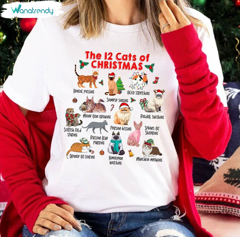 The 12 Cats Of Christmas Shirt, Funny Christmas Short Sleeve Long Sleeve