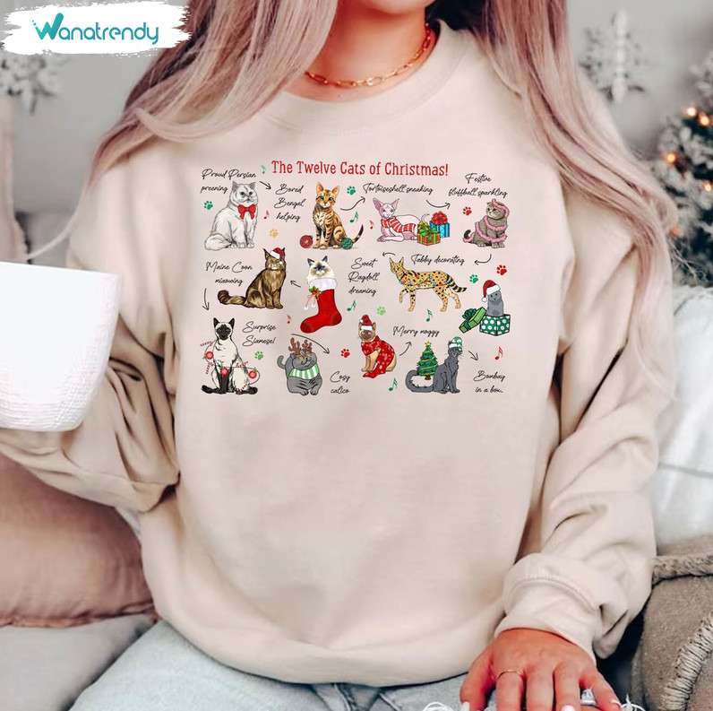 The Twelve Cats Of Christmas Shirt, Cute Christmas Cats Sweater Short Sleeve