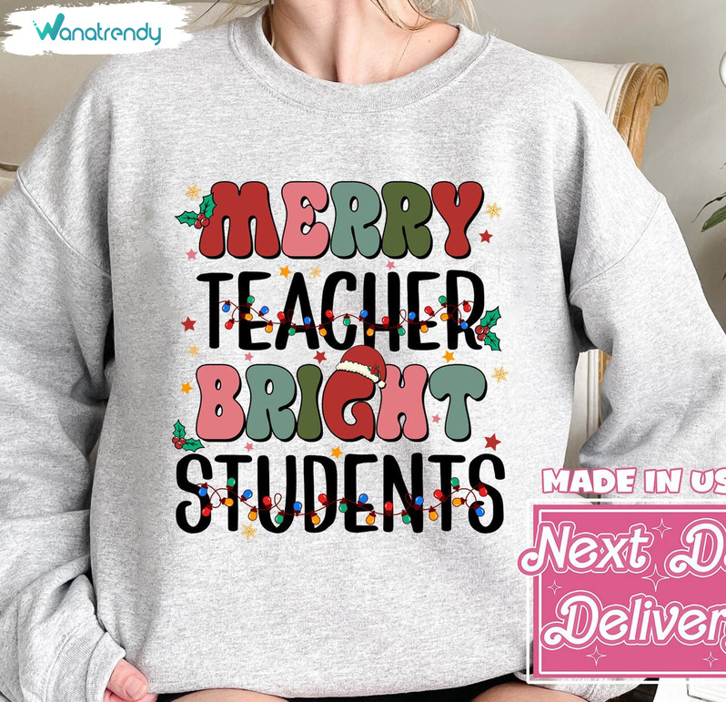 Merry Teacher Bright Shirt, Christmas School Tee Tops Short Sleeve