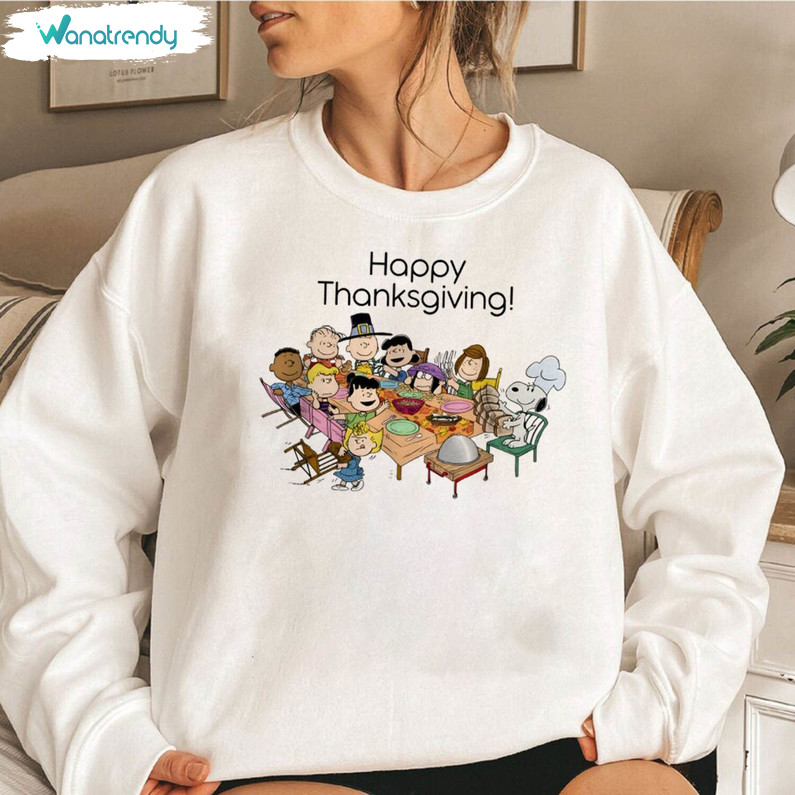 Snoopy Thanksgiving Shirt, Trendy Short Sleeve Crewneck Sweatshirt