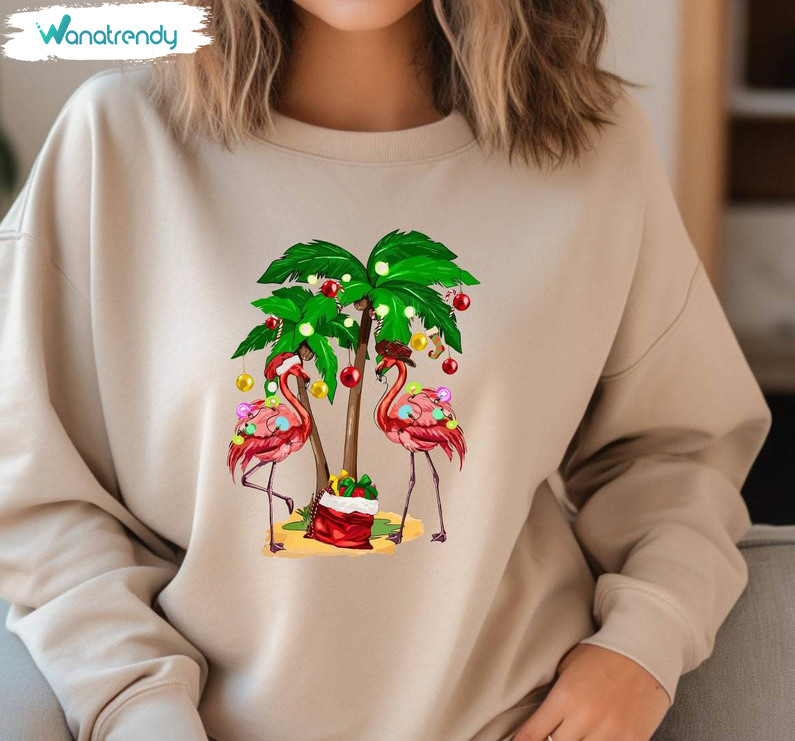 Tropical Christmas Flamingo Shirt, Flamingo Christmas Short Sleeve Sweater