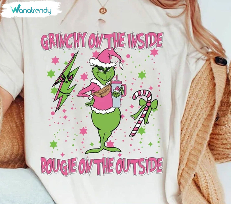 Pink Bougie Grinch Pink Shirt, Preppy Christmas Short Sleeve Sweater
