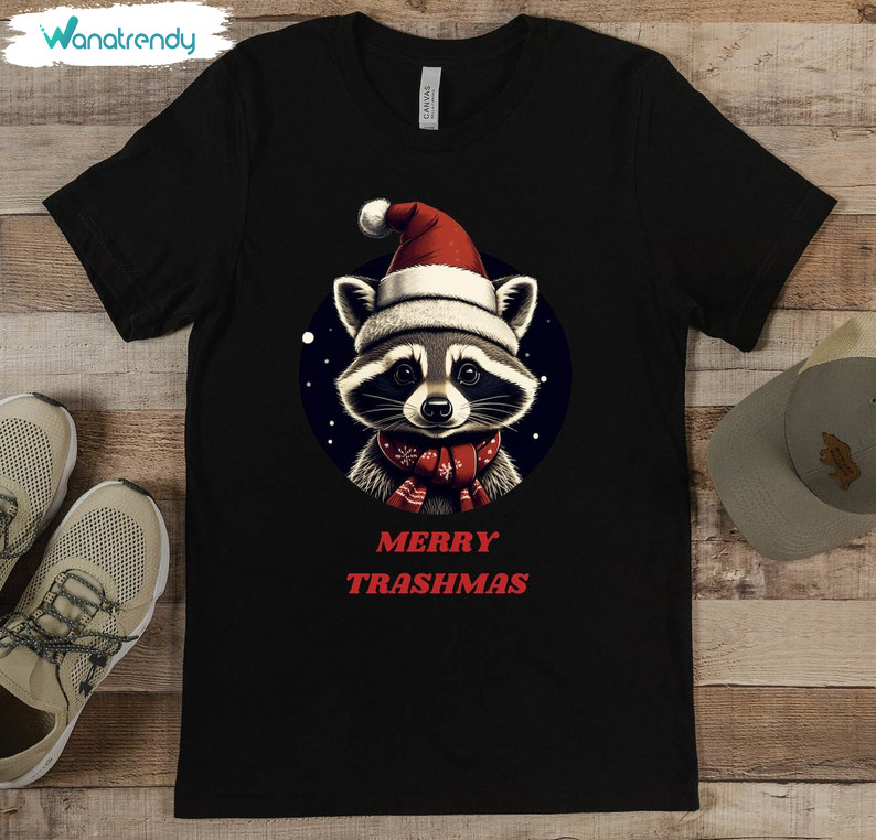 Merry Trashmas Funny Shirt, Cartoon Raccoon In A Christmas Hat Crewneck Sweatshirt Short Sleeve