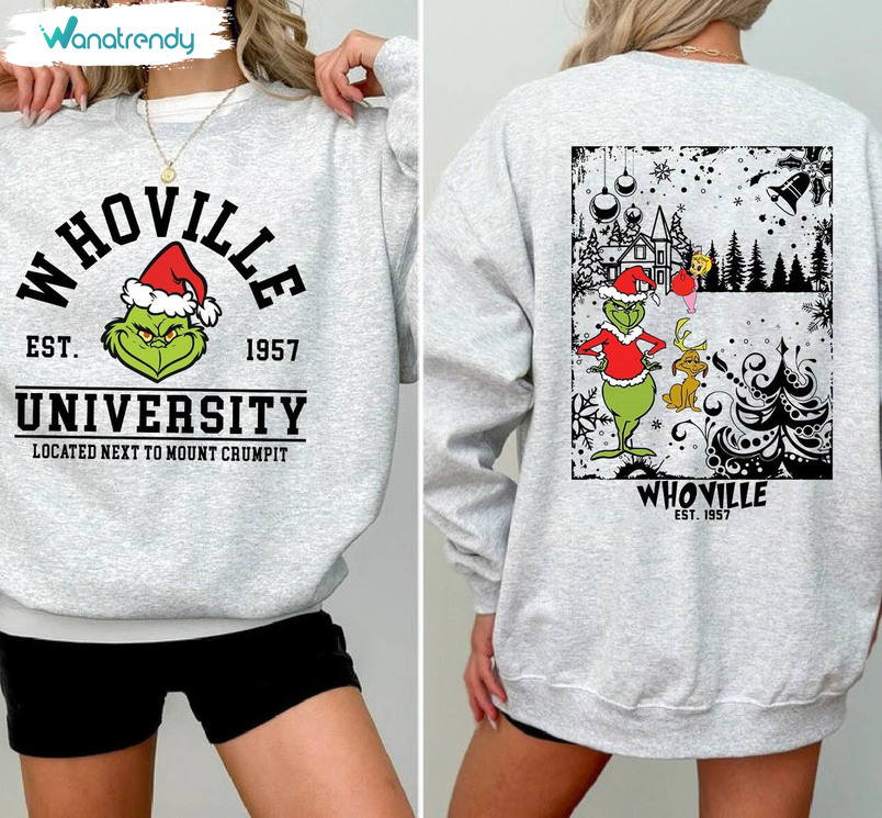 Whoville University Shirt, Grinch Christmas Short Sleeve Sweater