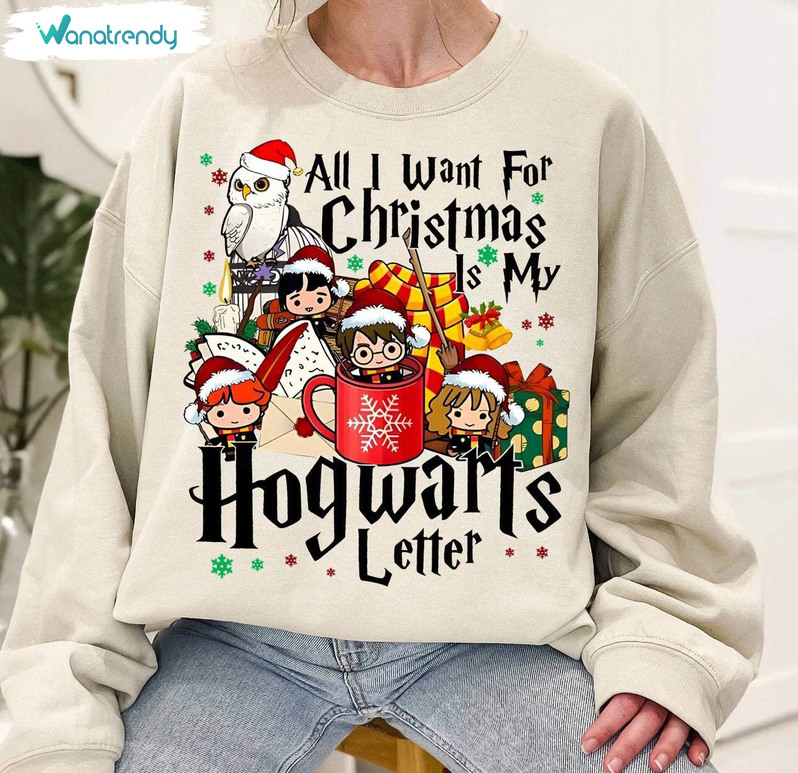 Intage All I Want For Christmas Letter Shirt, Hp Wizard School Christmas Crewneck Sweatshirt Long Sleeve