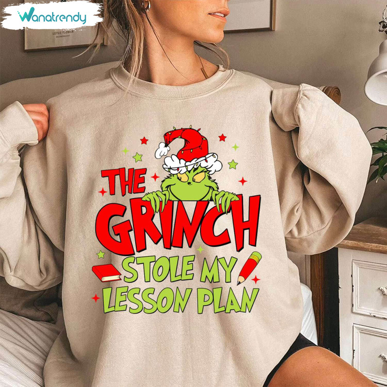 The Grinch Stole My Lesson Plan Shirt, Teacher Christmas Unisex Hoodie Sweatshirt