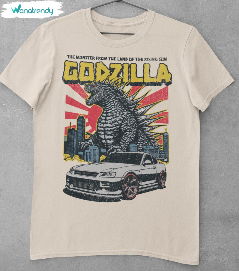 Comfort Godzilla And Car Vintage Unisex T Shirt , Godzilla Minus One Shirt Short Sleeve
