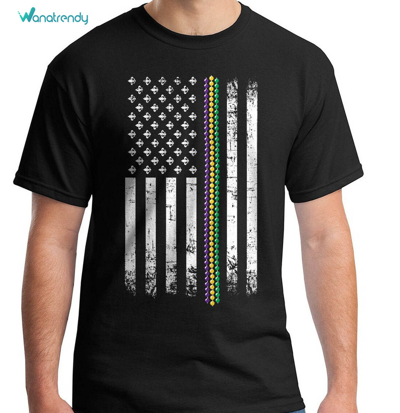 Trendy Mardi Gras Flag Shirt, Mardi Gras Beads American Flag Tee Tops Sweater