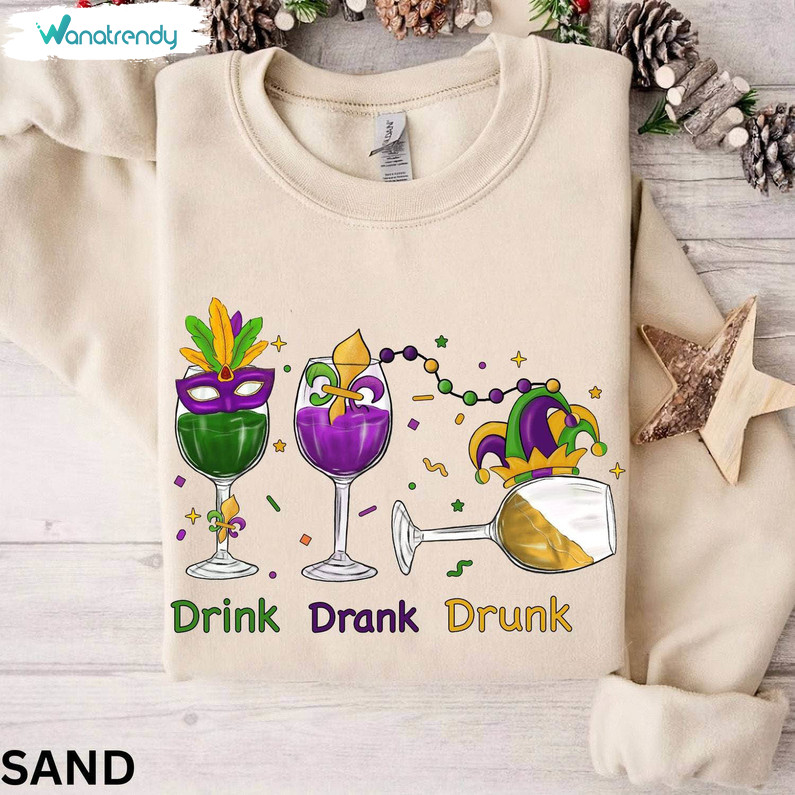 Funny Mardi Gras Wine T Shirt, Drink Drank Drunk Mardi Gras Shirt Short Sleeve