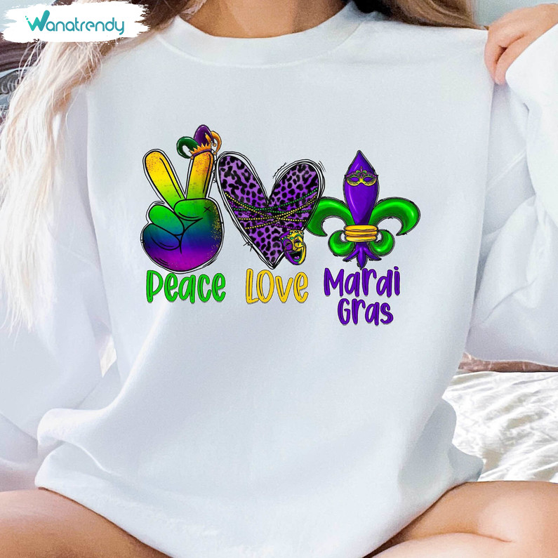 Limited Peace Love Mardi Gras Sweatshirt, Neutral Mardi Gras Long Sleeve Sweater