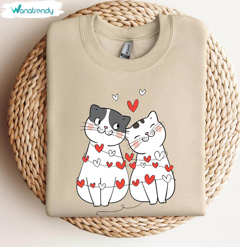 Trendy Cat Valentine Sweatshirt, Creative Valentine's Day Cat Shirt Long Sleeve