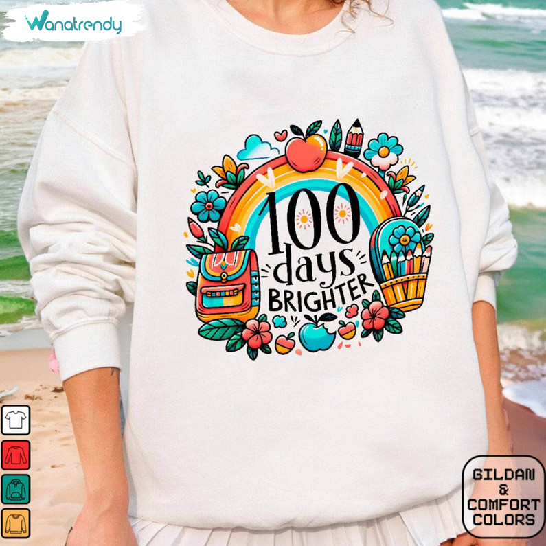 Groovy Rainbow 100 Days Sweatshirt, Trendy 100 Days Brighter Shirt Long Sleeve