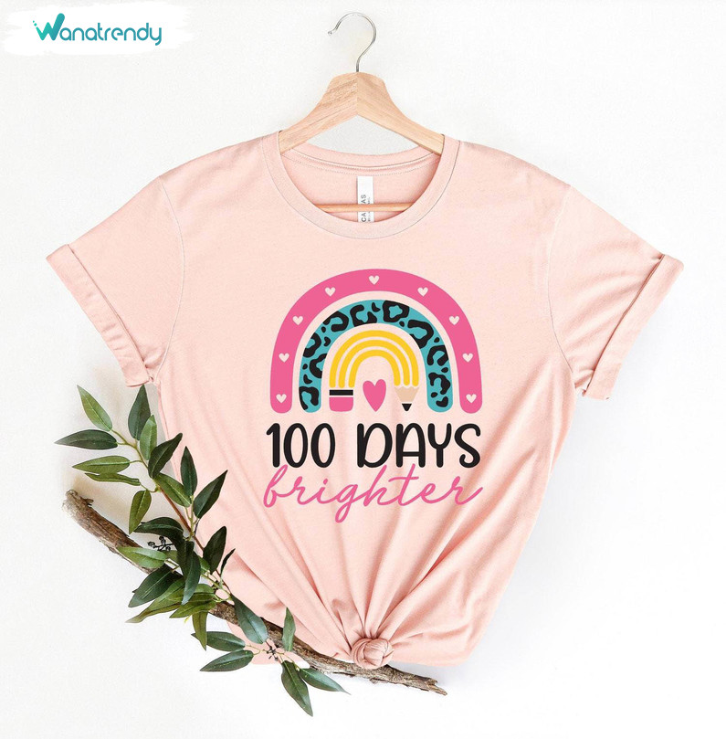 100 Days Brighter Inspirational Shirt, Cute Back To School Short Sleeve Crewneck