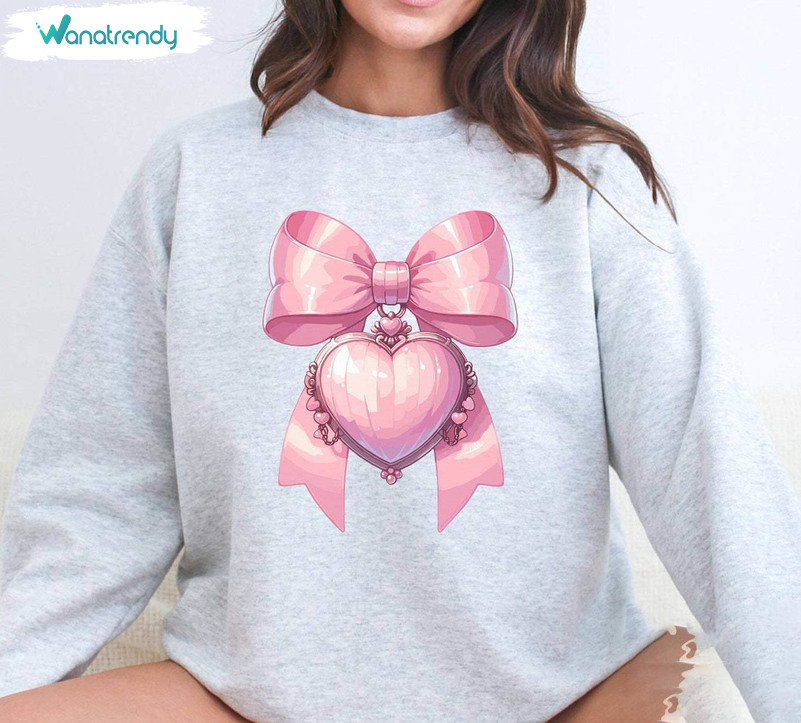 Vintage Pink Valentines Day Sweatshirt, Coquette Pink Bow Shirt Long Sleeve