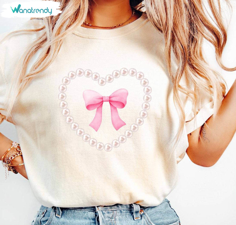 Unique Coquette Pink Bow Shirt, Trendy Soft Pink Ribbon Bow Crewneck Sweater