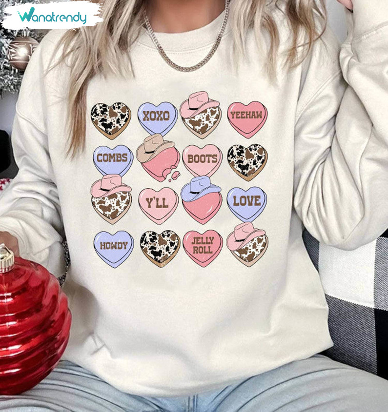 Trendy Western Hearts Sweatshirt , Neutral Howdy Valentine Shirt Unisex Hoodie