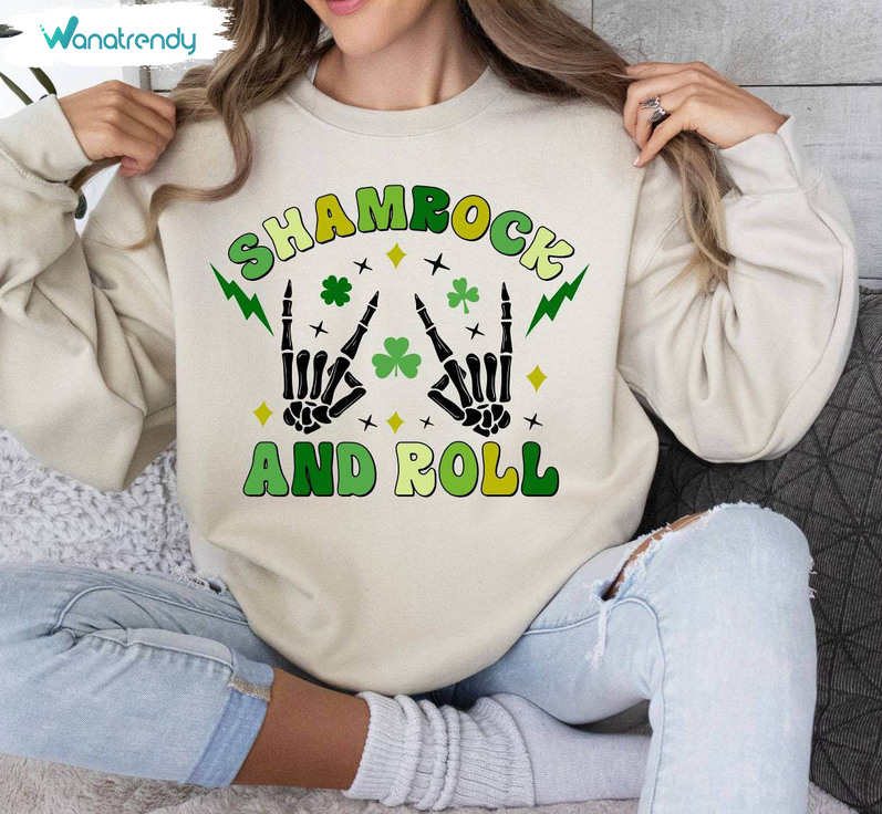 Unique Shamrock And Roll Shirt, Cool Design Four Leaf Clover Crewneck Sweater