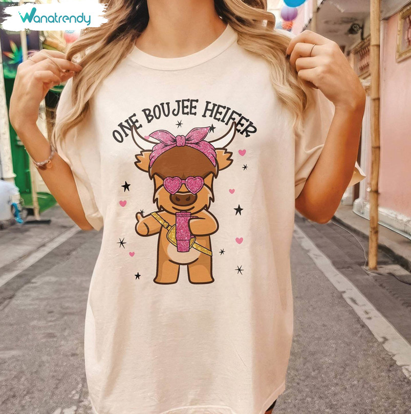 Highland Cow Valentine Unique T Shirt, One Boujee Heifer Inspired Shirt Long Sleeve