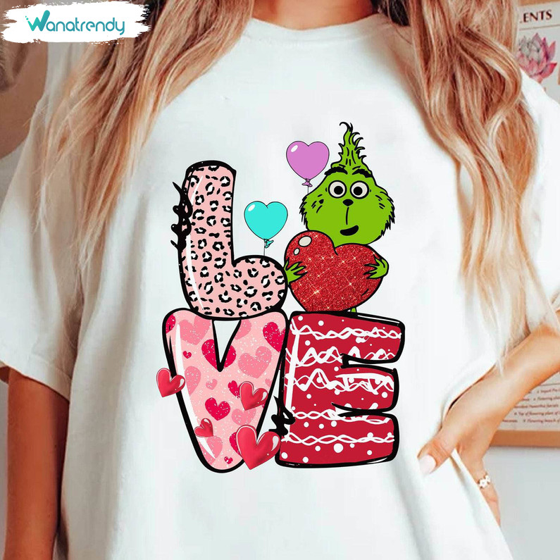 Unique Grinch's Valentine Shirt, Trendy Happy Valentine Hoodie Long Sleeve