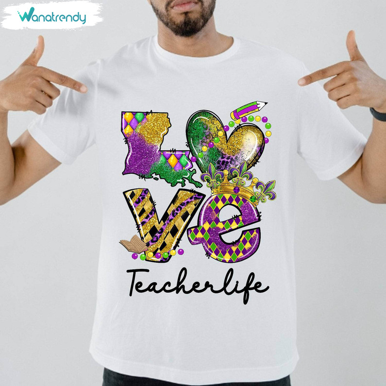 Teacher Mardi Gras Shirt, Life Beads Leopard Unisex Hoodie Short Sleeve