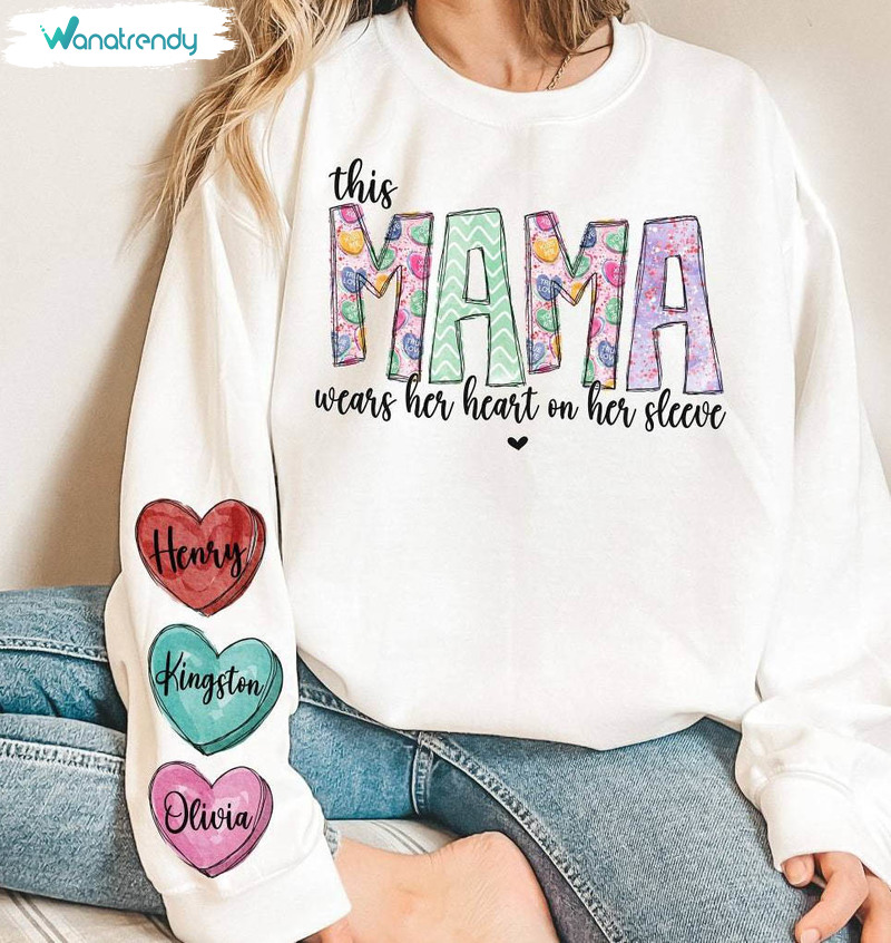 Retro This Mama Wears Her Heart On Her Sleeve Sweatshirt, Mama Valentines Day Hoodie