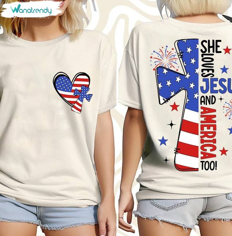 Cross Patriotic Short Sleeve , New Rare She Loves Jesus And America Too Shirt Tank Top