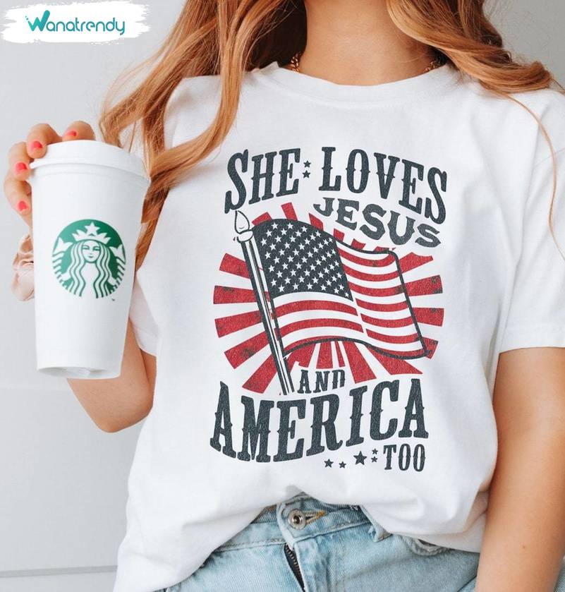Jesus Christ Crewneck, Vintage She Loves Jesus And America Too Shirt Tee Tops