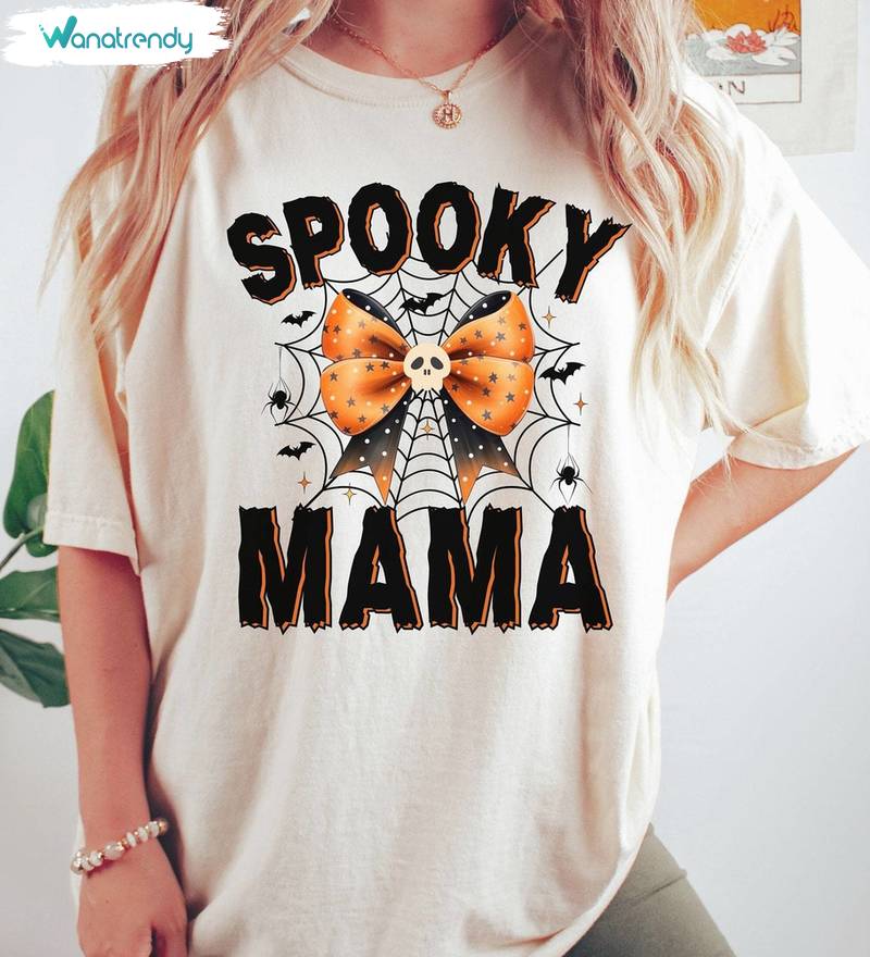Funny Halloween Spooky Mama Shirt, Coquette Bow Hoodie Tank Top For Mom