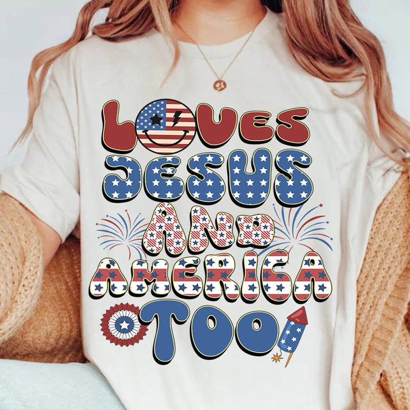 4th Of July Loves Jesus And America Too Shirt, Christian Smile Face Crewneck Sweatshirt