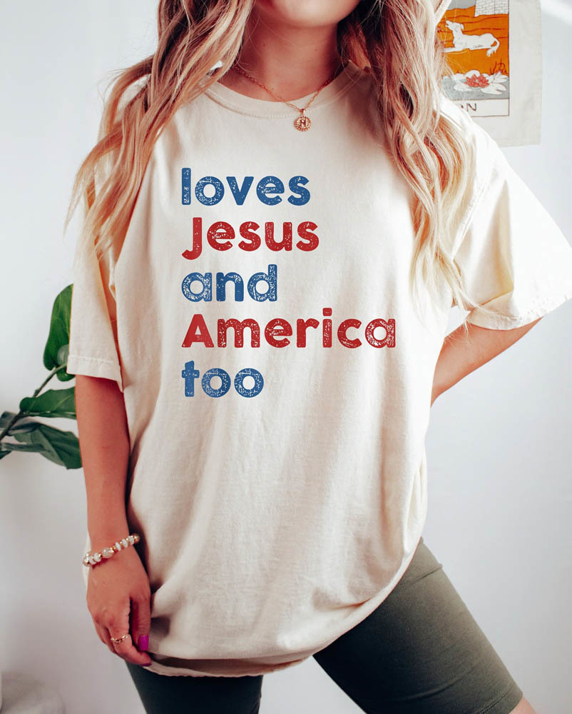 Loves Jesus And America Too Retro Shirt, Independence Day Tee Tops Crewneck